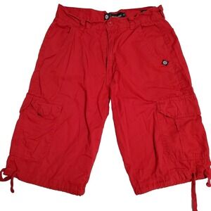 Akademiks Mens Red Cargo Shorts Size 30 Y2K Streetwear Baggy Drawstring Hem